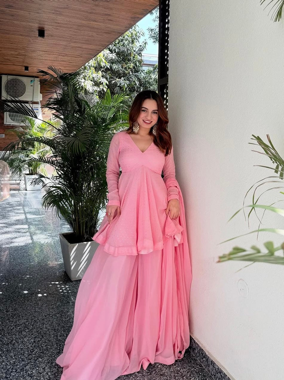Elegant Pink Embroidered Anarkali Gown Set