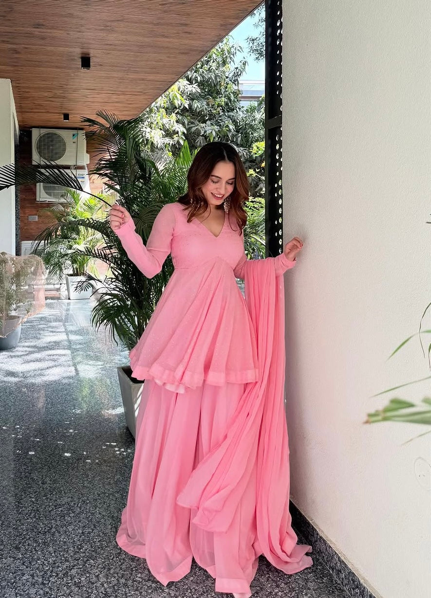 Elegant Pink Embroidered Anarkali Gown Set