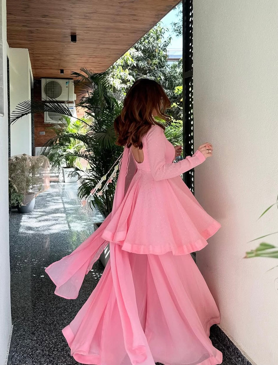 Elegant Pink Embroidered Anarkali Gown Set