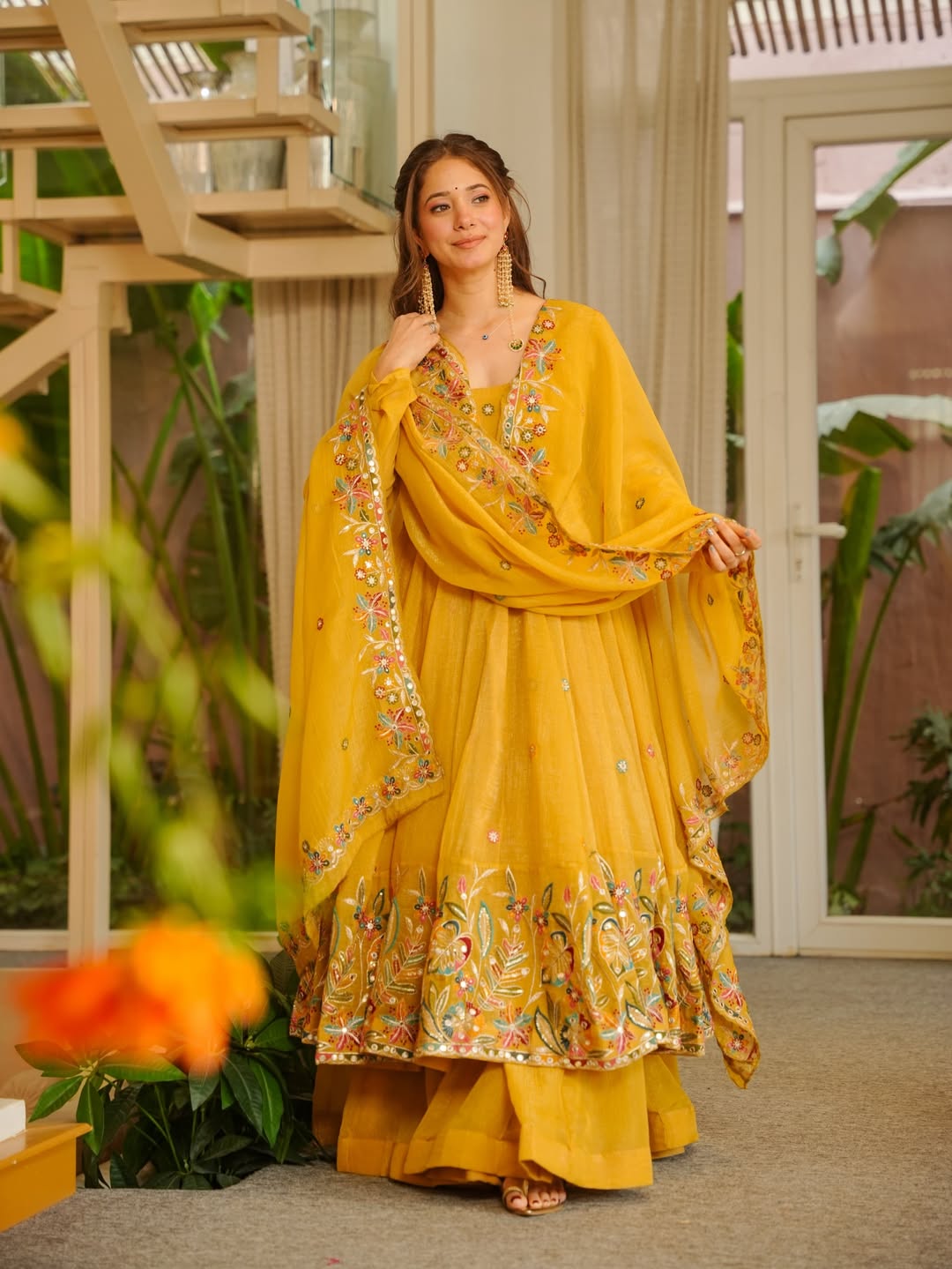 Mustard Yellow Embroidered Anarkali Gown Set