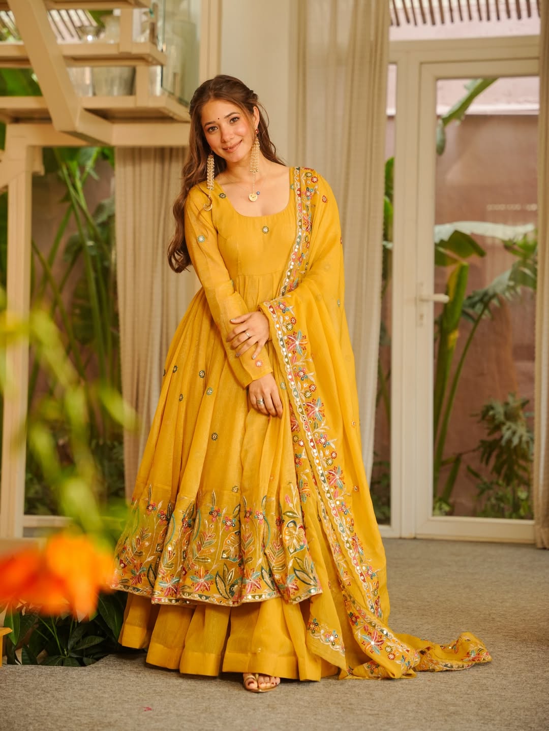 Mustard Yellow Embroidered Anarkali Gown Set