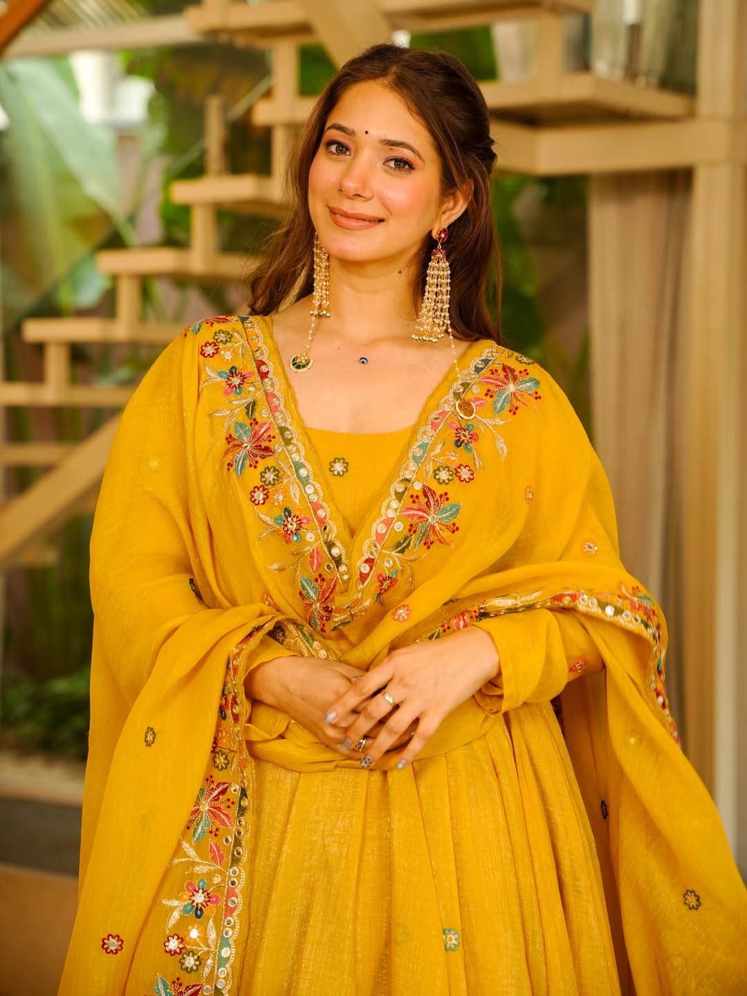 Mustard Yellow Embroidered Anarkali Gown Set