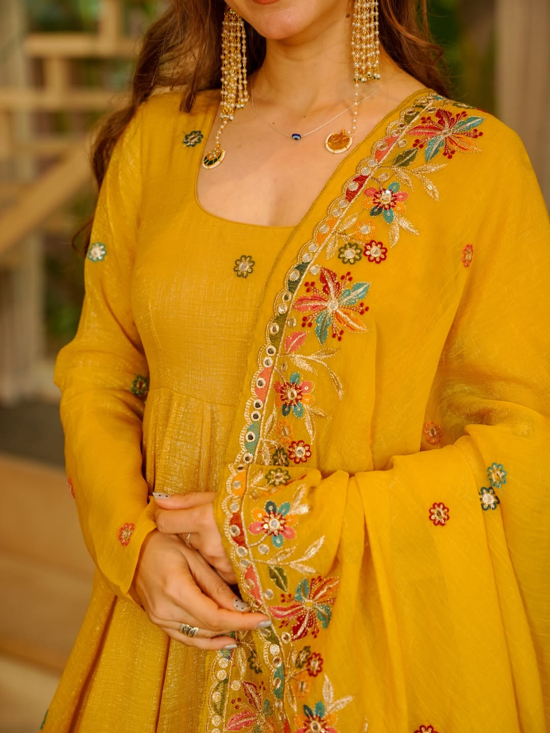 Mustard Yellow Embroidered Anarkali Gown Set