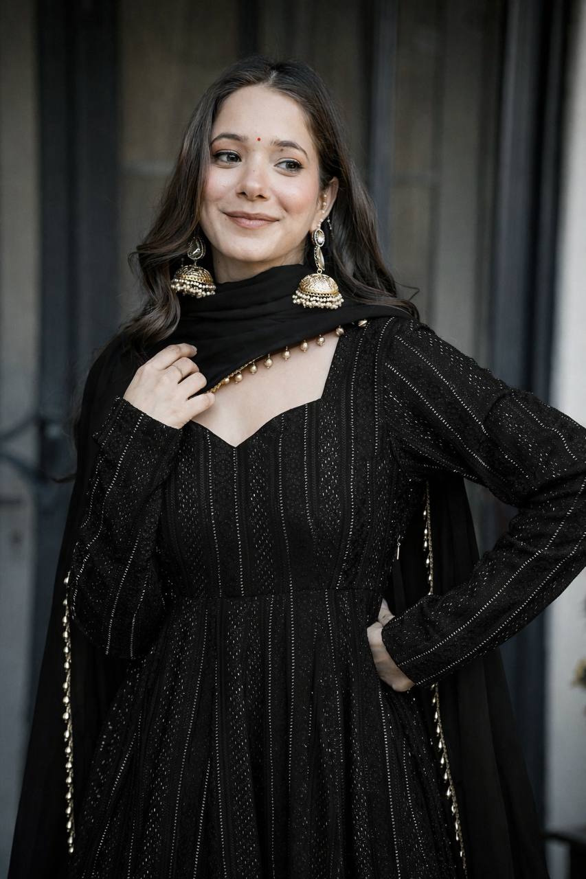 Royal Black Embroidered Anarkali Gown