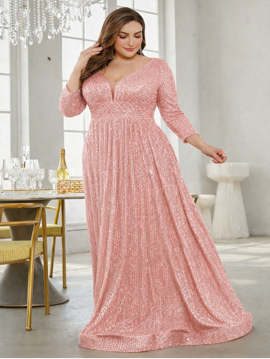 Rose Pink Sequin Maxi Gown with V-Neck – Luxury Party & Evening Wear