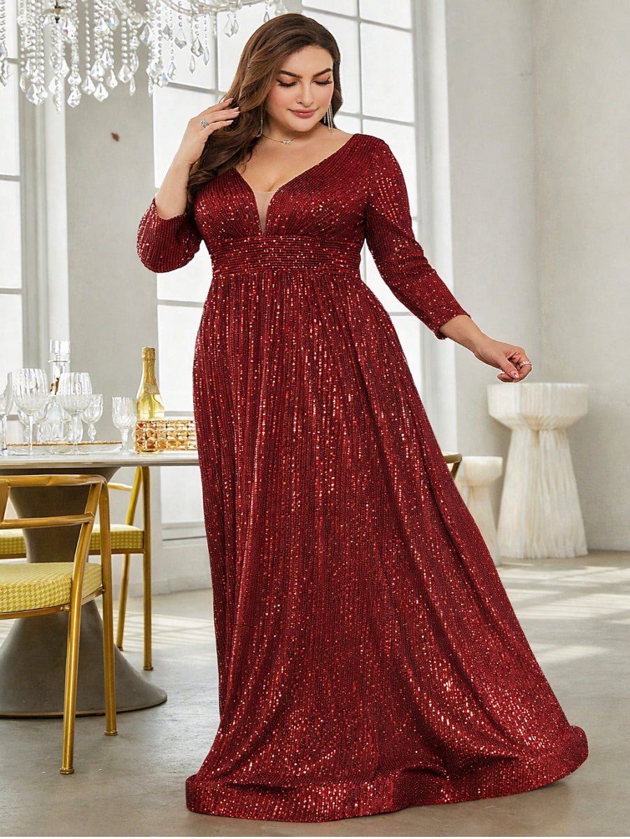 Maroon Sequin Maxi Gown with V-Neck – Luxury Party & Evening Wear