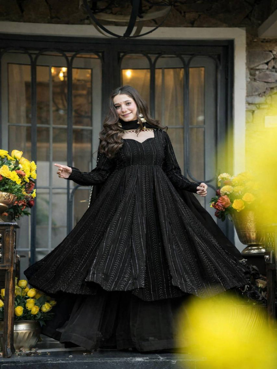 Royal Black Embroidered Anarkali Gown