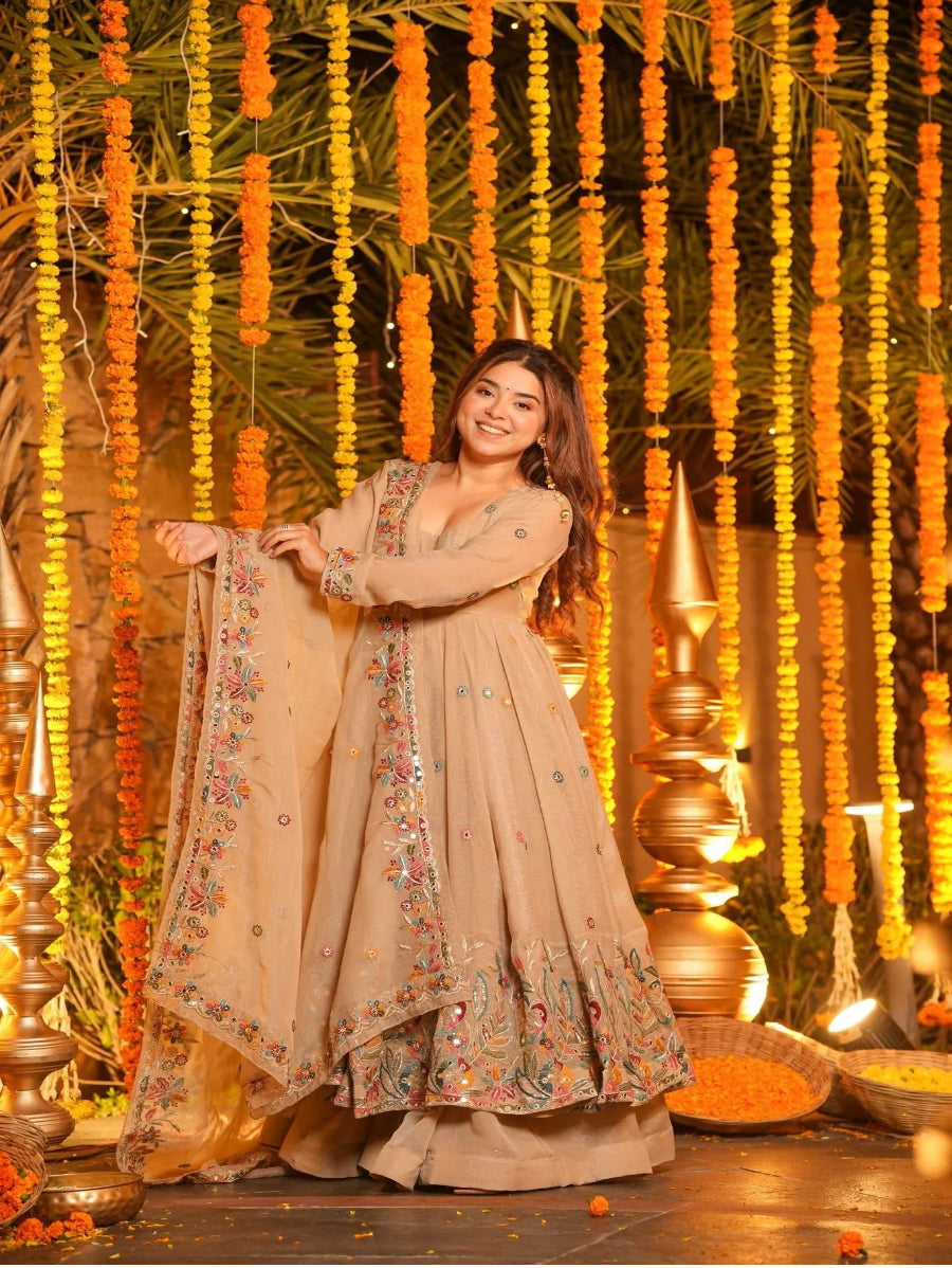 Luxury Heavy Silk Sequins Embroidered Gown Set with Palazzo & Dupatta – Festive & Wedding Wear for Women White