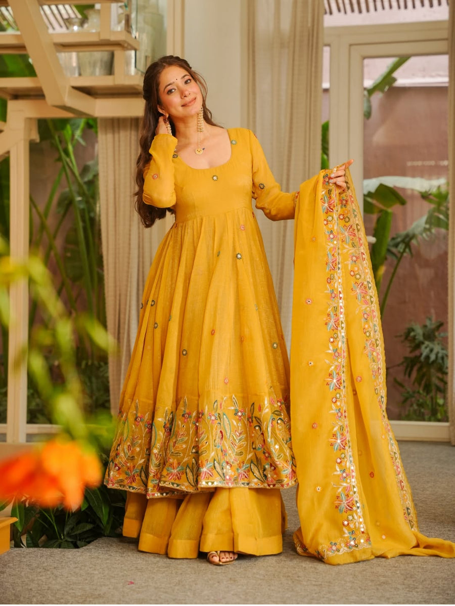 Mustard Yellow Embroidered Anarkali Gown Set