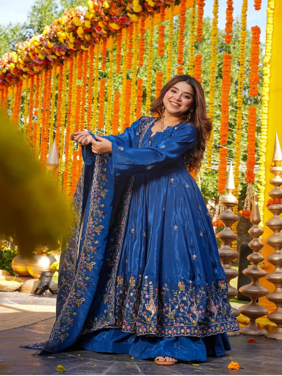 Luxury Heavy Silk Sequins Embroidered Gown Set with Palazzo & Dupatta – Festive & Wedding Wear for Women Blue