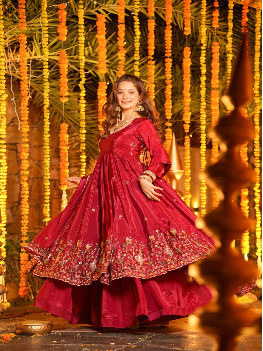 Luxury Heavy Silk Sequins Embroidered Gown Set with Palazzo & Dupatta – Festive & Wedding Wear for Women Red