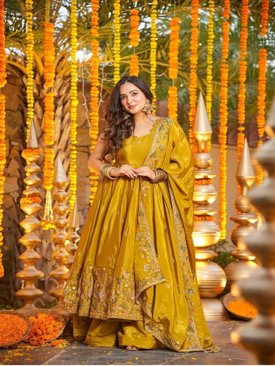 Luxury Heavy Silk Sequins Embroidered Gown Set with Palazzo & Dupatta – Festive & Wedding Wear for Women