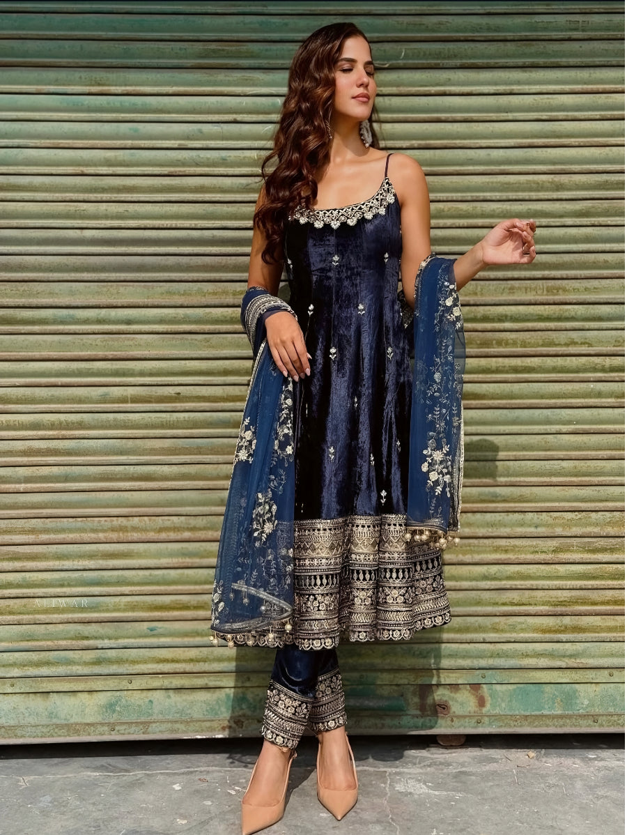 Luxury Blue Velvet Embroidered Anarkali Gown Set with Dupatta
