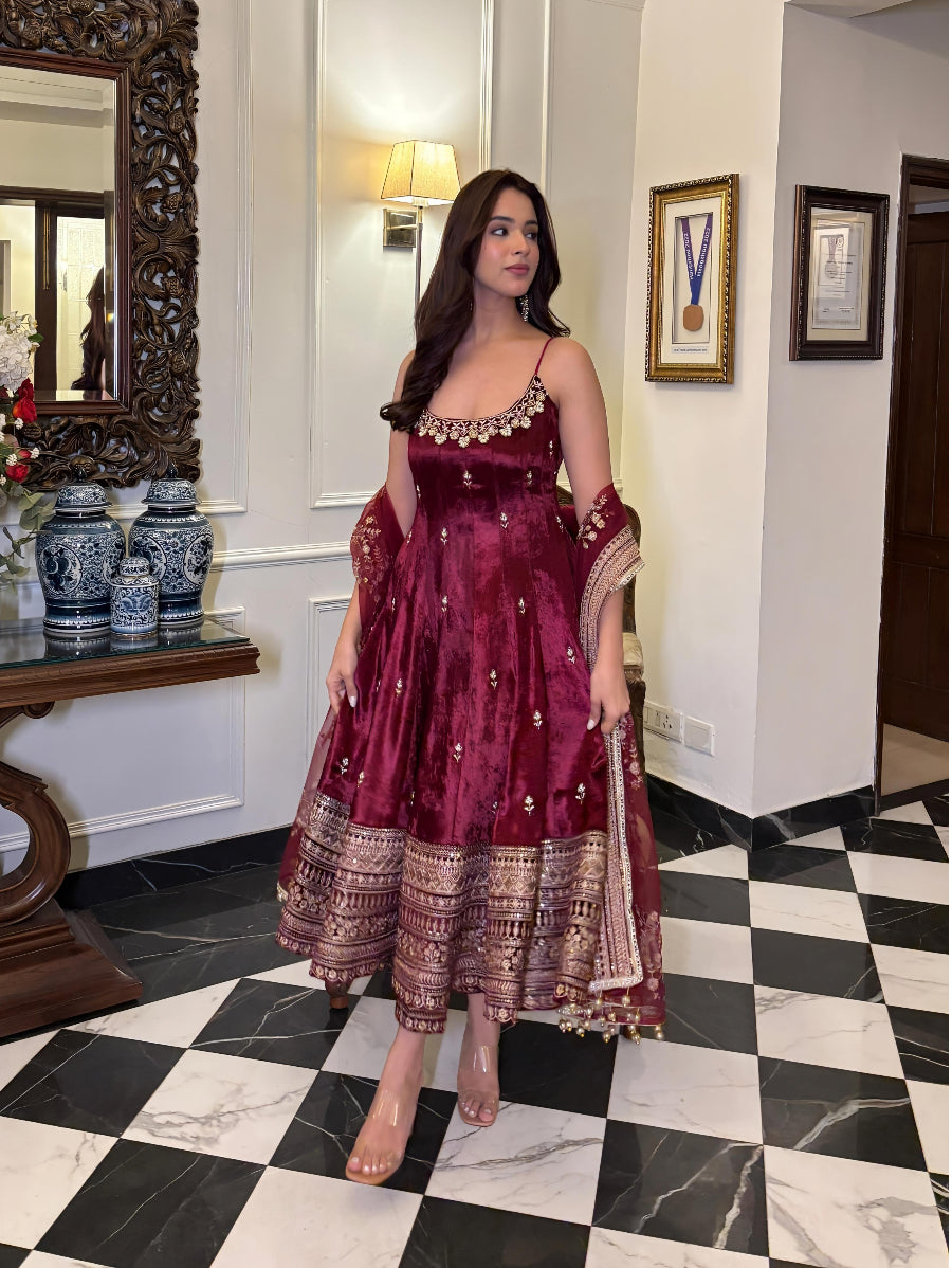 Luxury Wine Velvet Embroidered Anarkali Gown Set with Dupatta