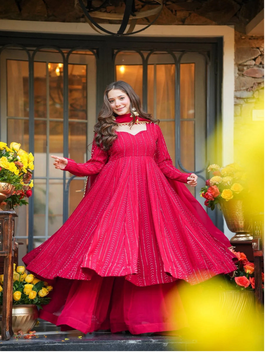 Royal Crimson Embroidered Anarkali Gown