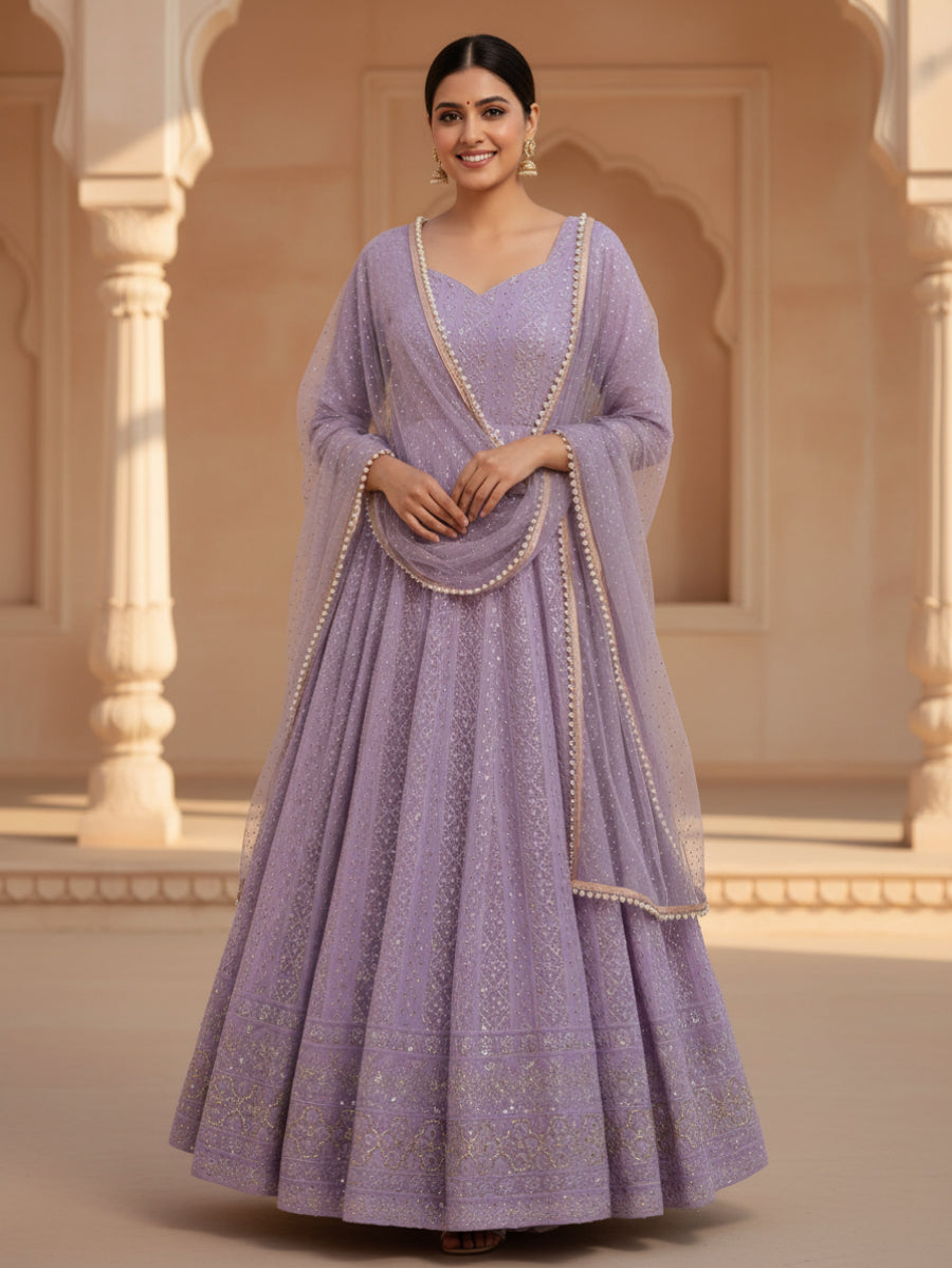 Royal Lavender Embroidered Anarkali Gown