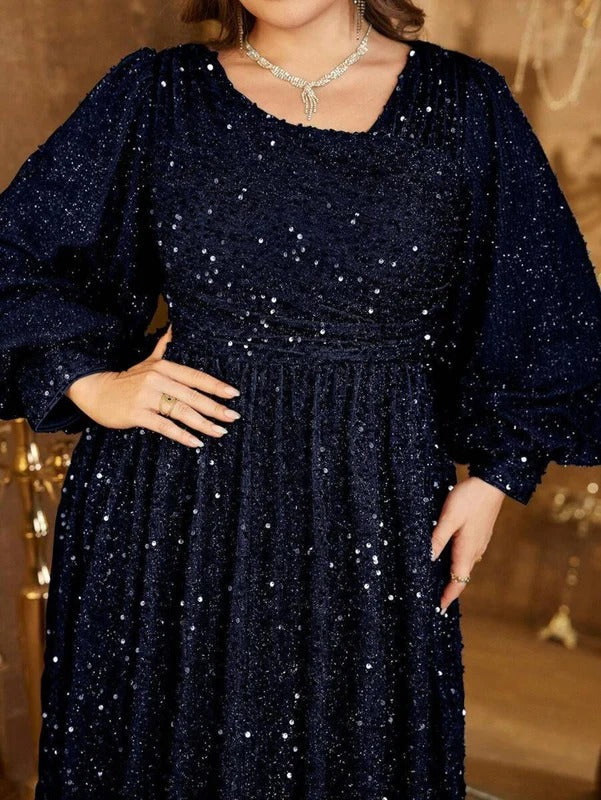 Luxury Blue Sequin Embellished Flared Gown with Full Sleeves