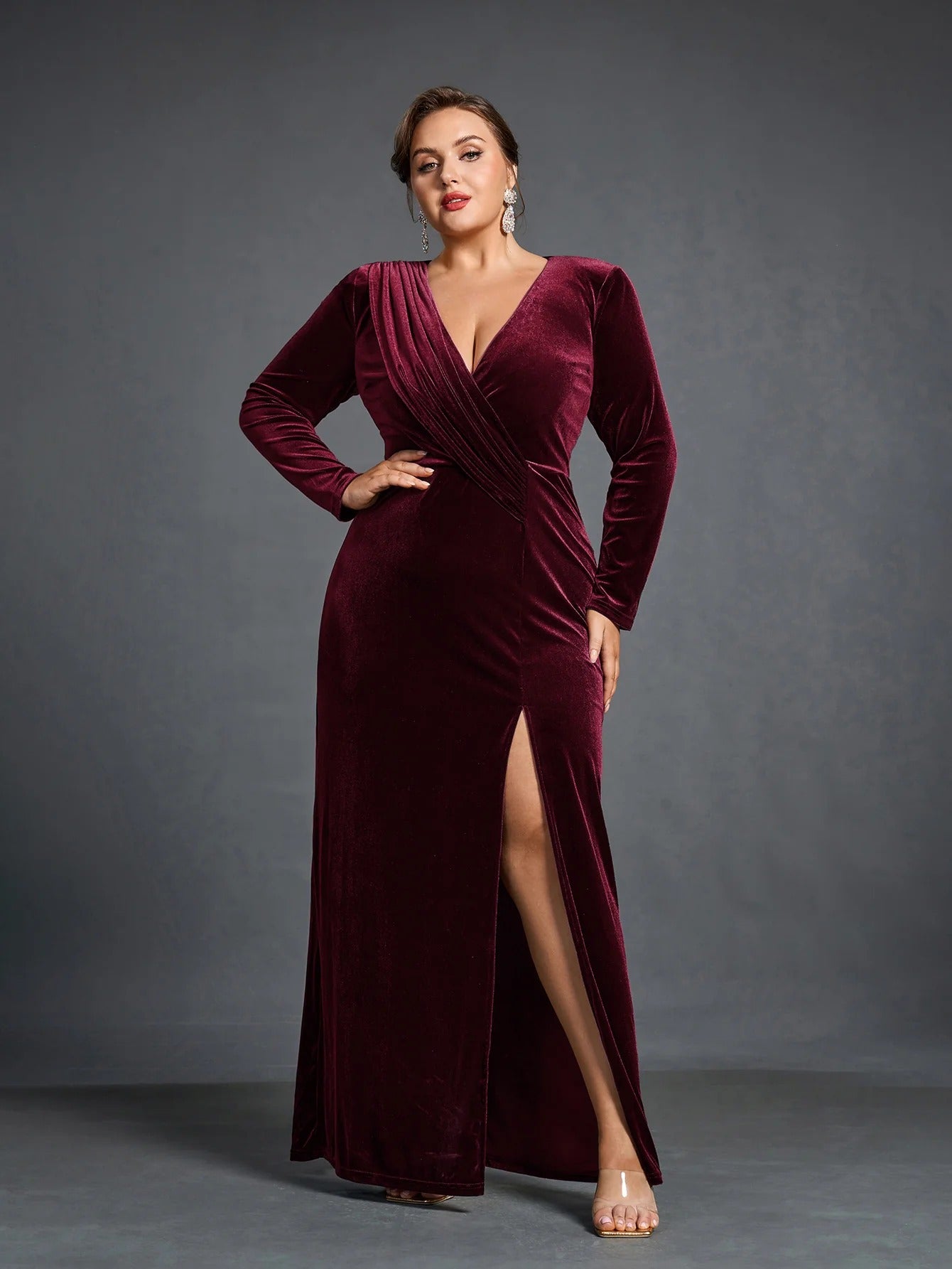 Wine Velvet Wrap Gown – Elegant Slit Evening & Party Dress