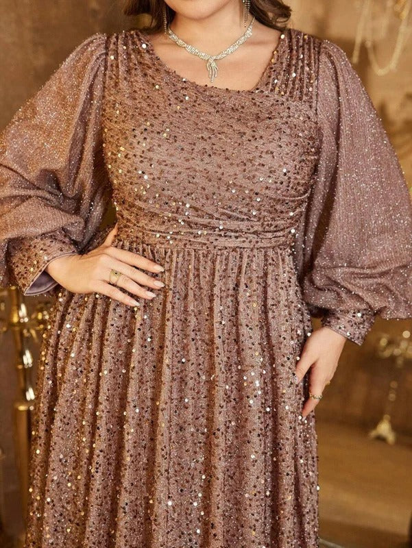 Luxury Brown Sequin Embellished Flared Gown with Full Sleeves