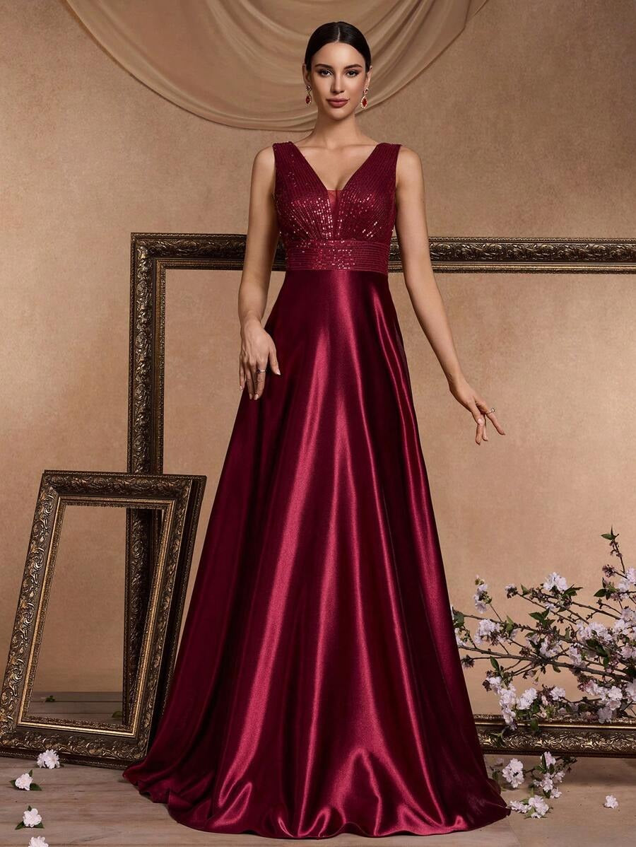 ✨ Luxury Maroon Sequin V-Neck Evening Gown for Women | Elegant Party & Wedding Maxi Dress