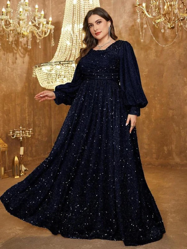 Luxury Blue Sequin Embellished Flared Gown with Full Sleeves
