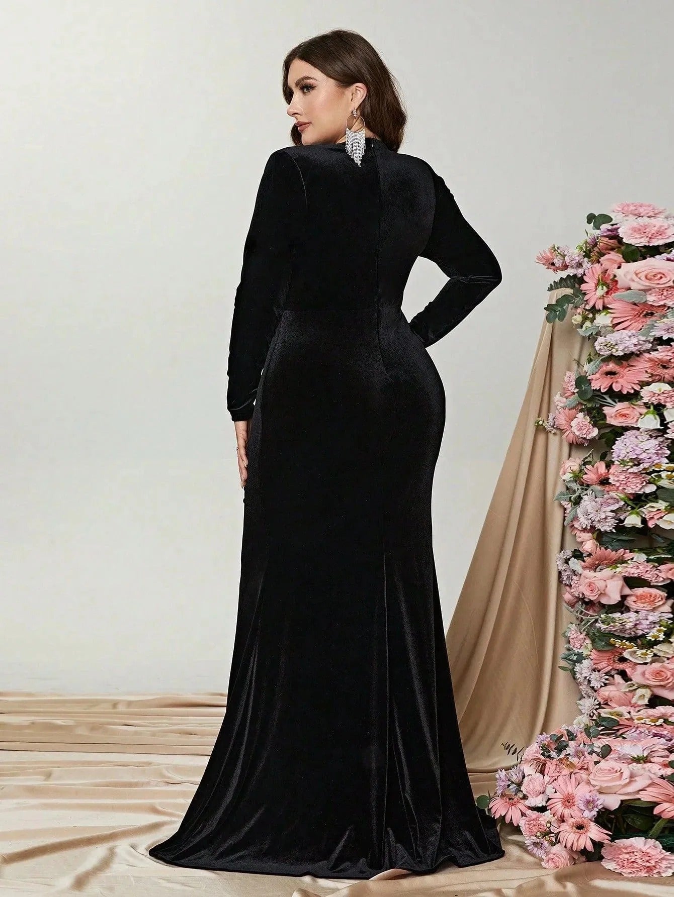 Luxury Black Sequin Embellished Flared Gown with Full Sleeves
