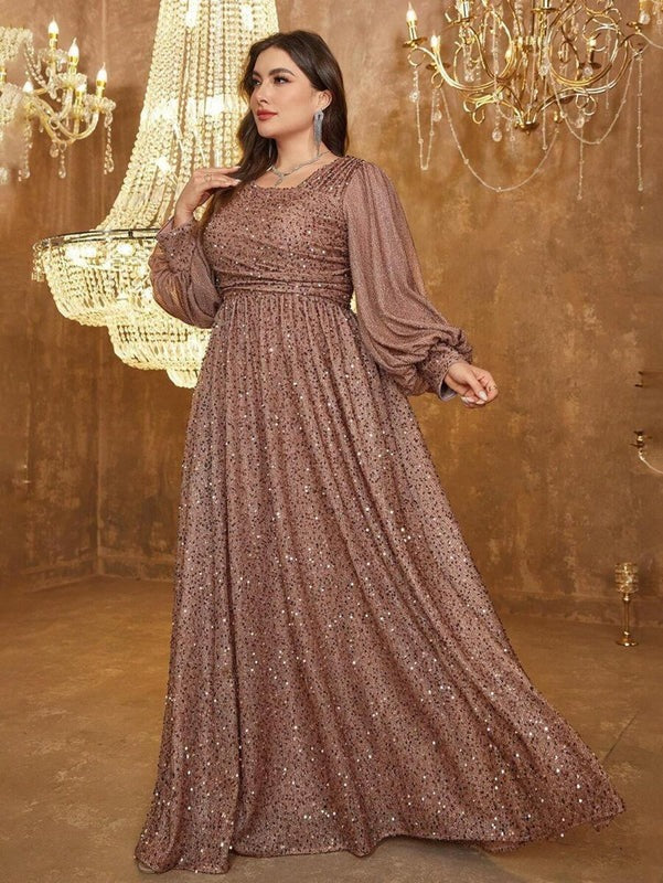 Luxury Brown Sequin Embellished Flared Gown with Full Sleeves