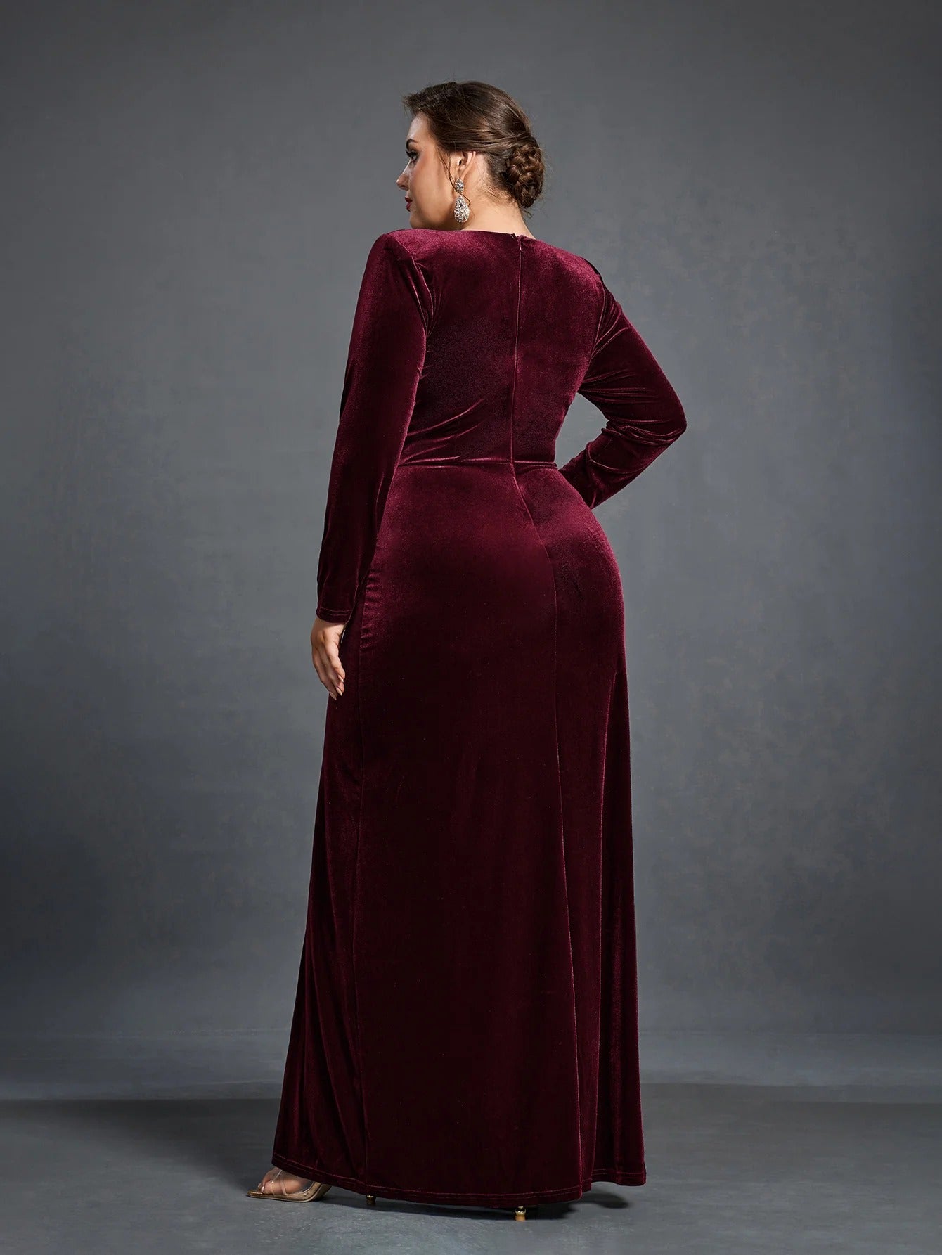 Wine Velvet Wrap Gown – Elegant Slit Evening & Party Dress
