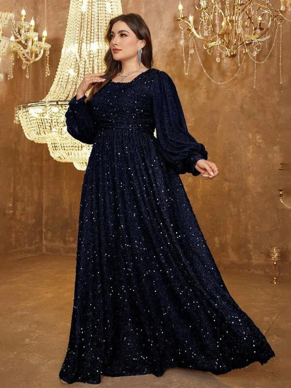 Luxury Blue Sequin Embellished Flared Gown with Full Sleeves