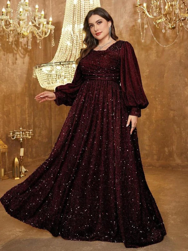 Luxury Maroon Sequin Embellished Flared Gown with Full Sleeves