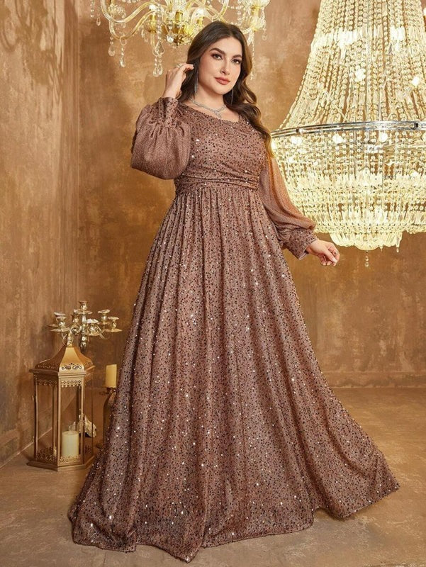 Luxury Brown Sequin Embellished Flared Gown with Full Sleeves