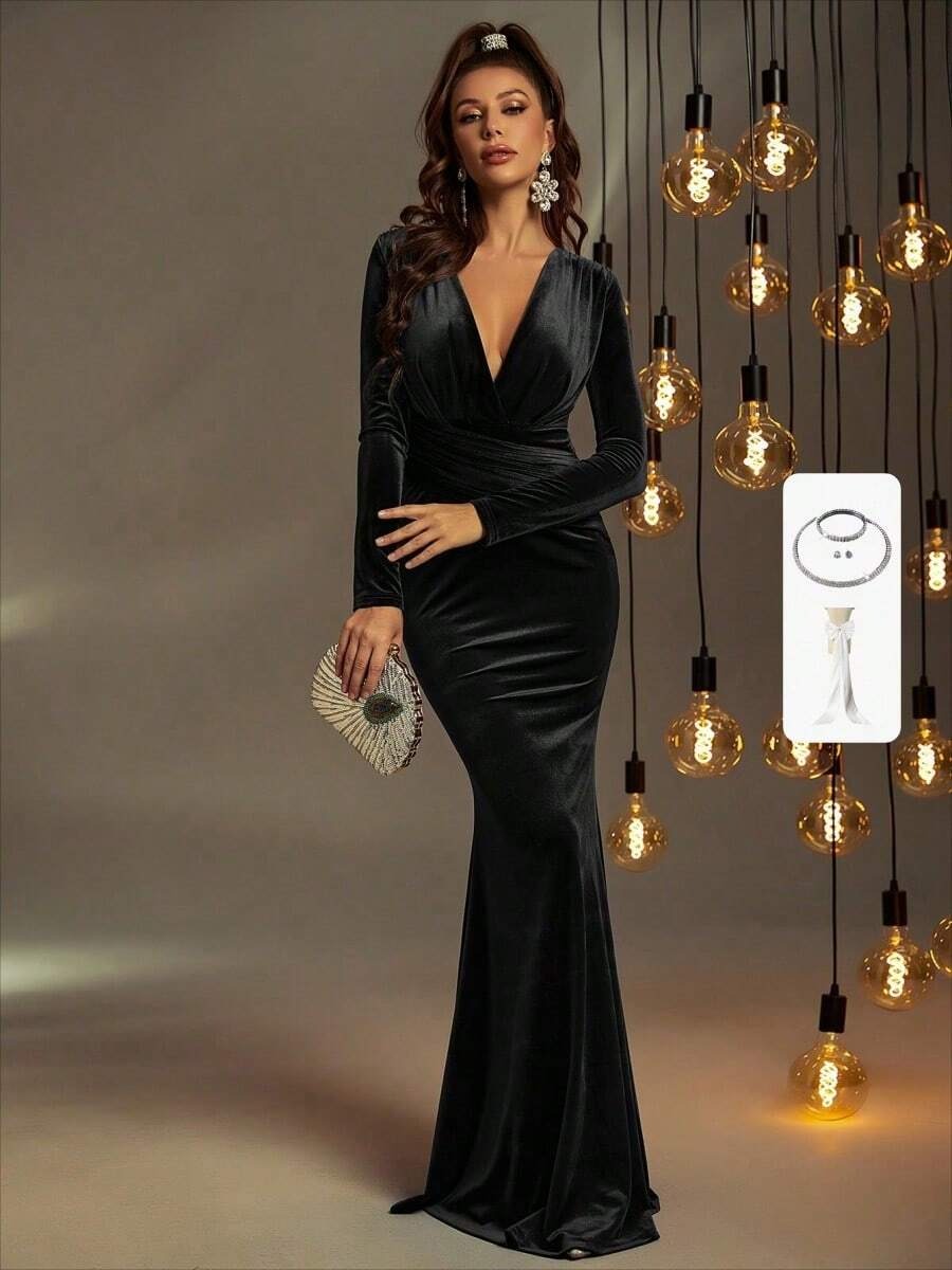 Surplice Neck Mermaid Hem Velvet Formal Dress