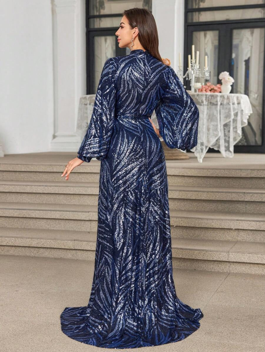 Signature Blue Sequin Evening Gown – Front Slit Maxi