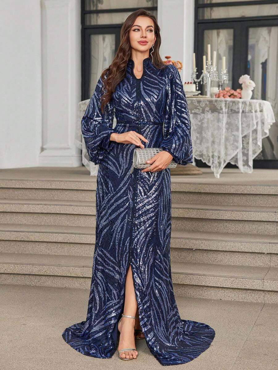 Signature Blue Sequin Evening Gown – Front Slit Maxi