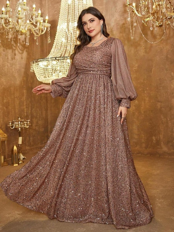 Luxury Brown Sequin Embellished Flared Gown with Full Sleeves