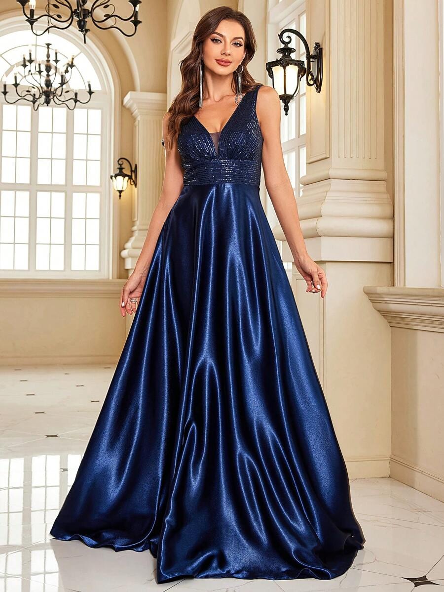 ✨ Luxury Navy Blue Sequin V-Neck Evening Gown for Women | Elegant Party & Wedding Maxi Dress