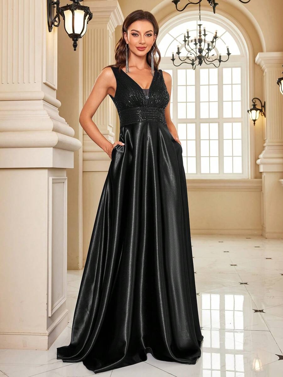 ✨ Luxury Black Sequin V-Neck Evening Gown for Women | Elegant Party & Wedding Maxi Dress