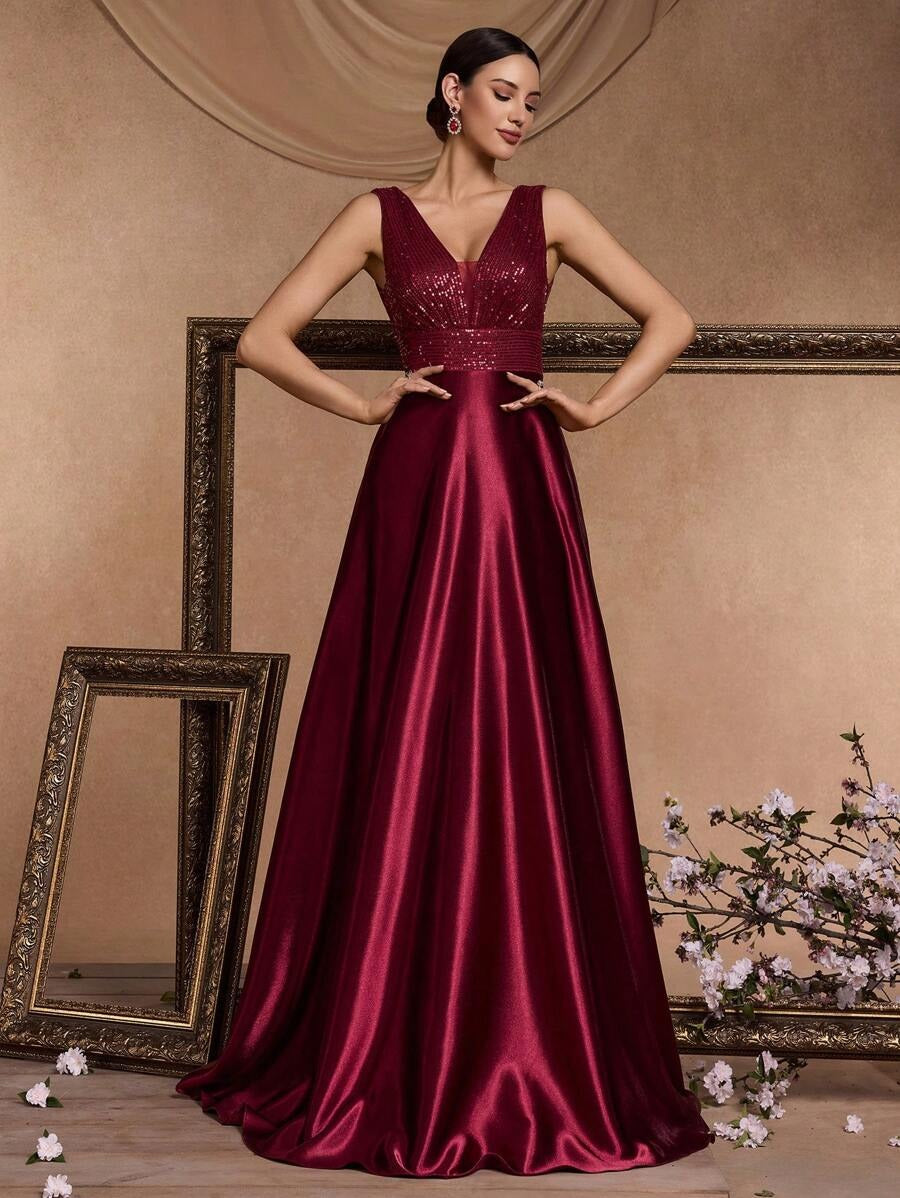✨ Luxury Maroon Sequin V-Neck Evening Gown for Women | Elegant Party & Wedding Maxi Dress