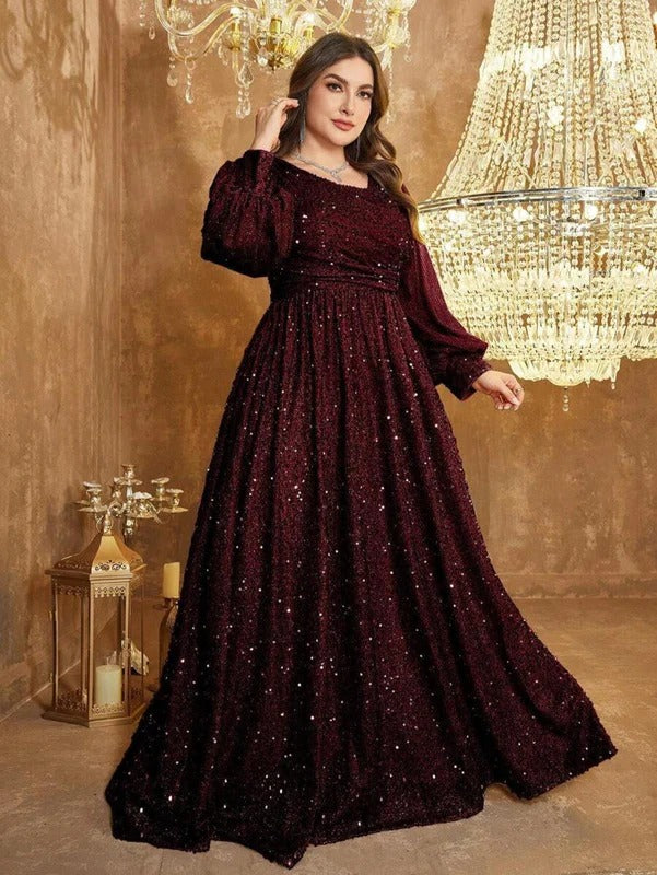 Luxury Maroon Sequin Embellished Flared Gown with Full Sleeves