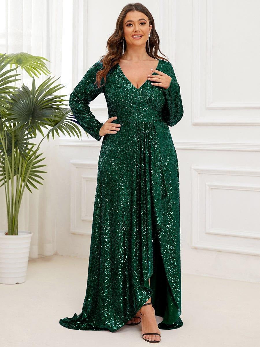 ✨ Luxury Green Sequin Evening Gown – Full Sleeve Mermaid Fit Green