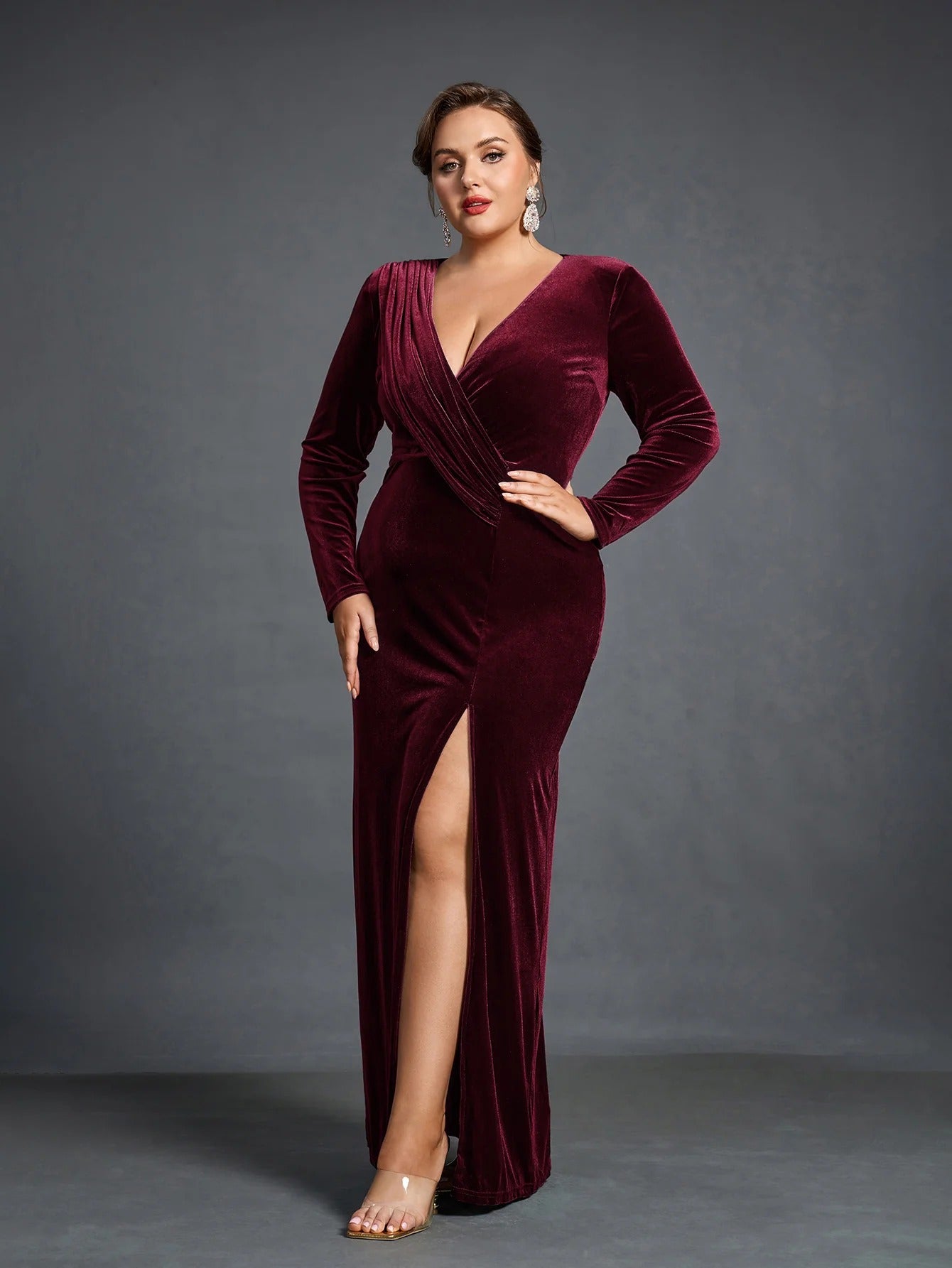 Wine Velvet Wrap Gown – Elegant Slit Evening & Party Dress