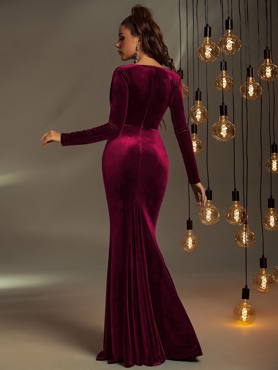 Luxury Maroon Velvet Mermaid Slit Gown