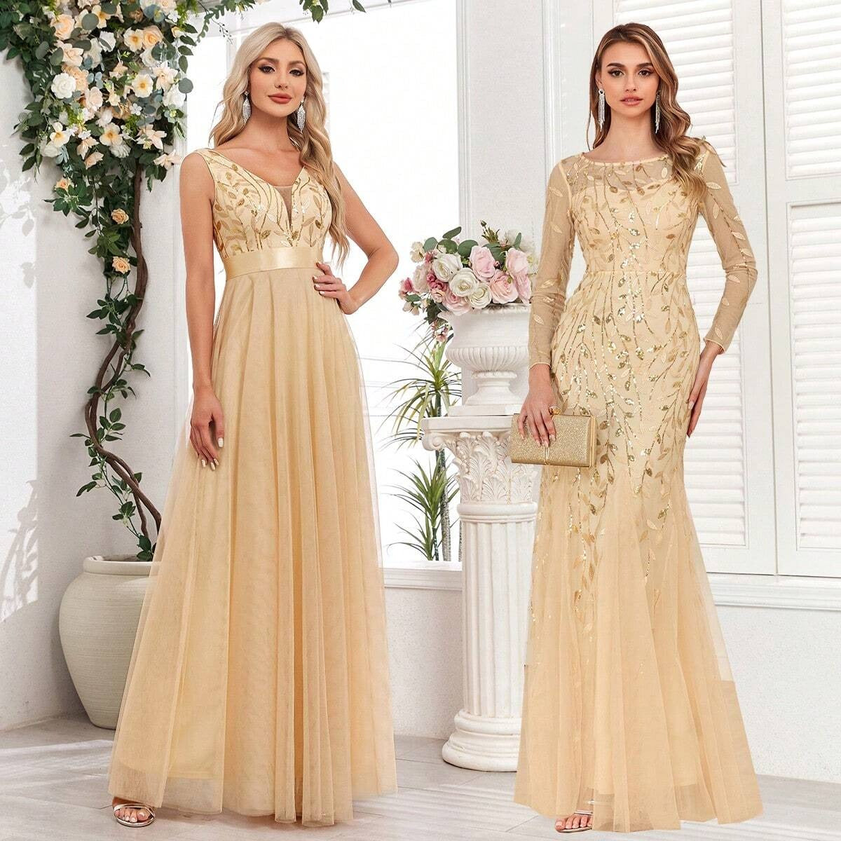 Elegant Peach Detail Maxi Dress for Women | Party & Casual Wear