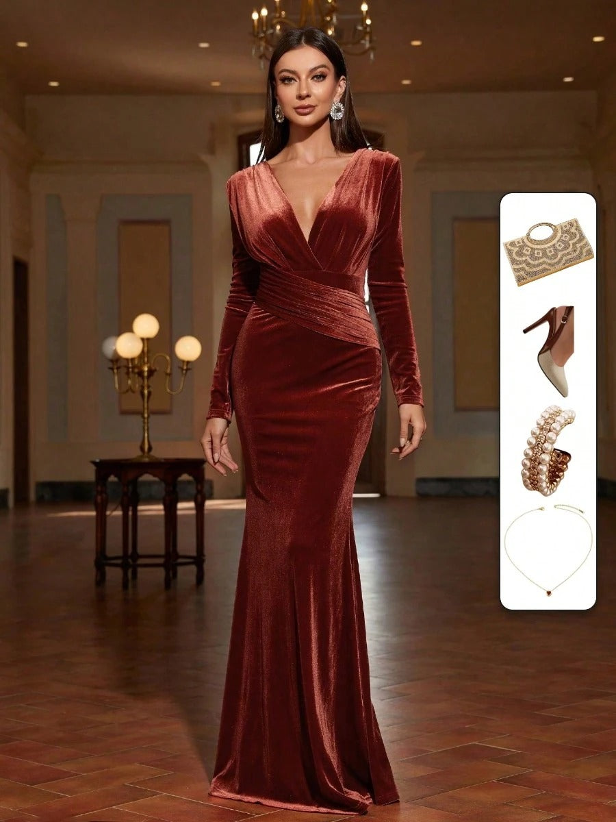 Luxury Brown Velvet Mermaid Slit Gown