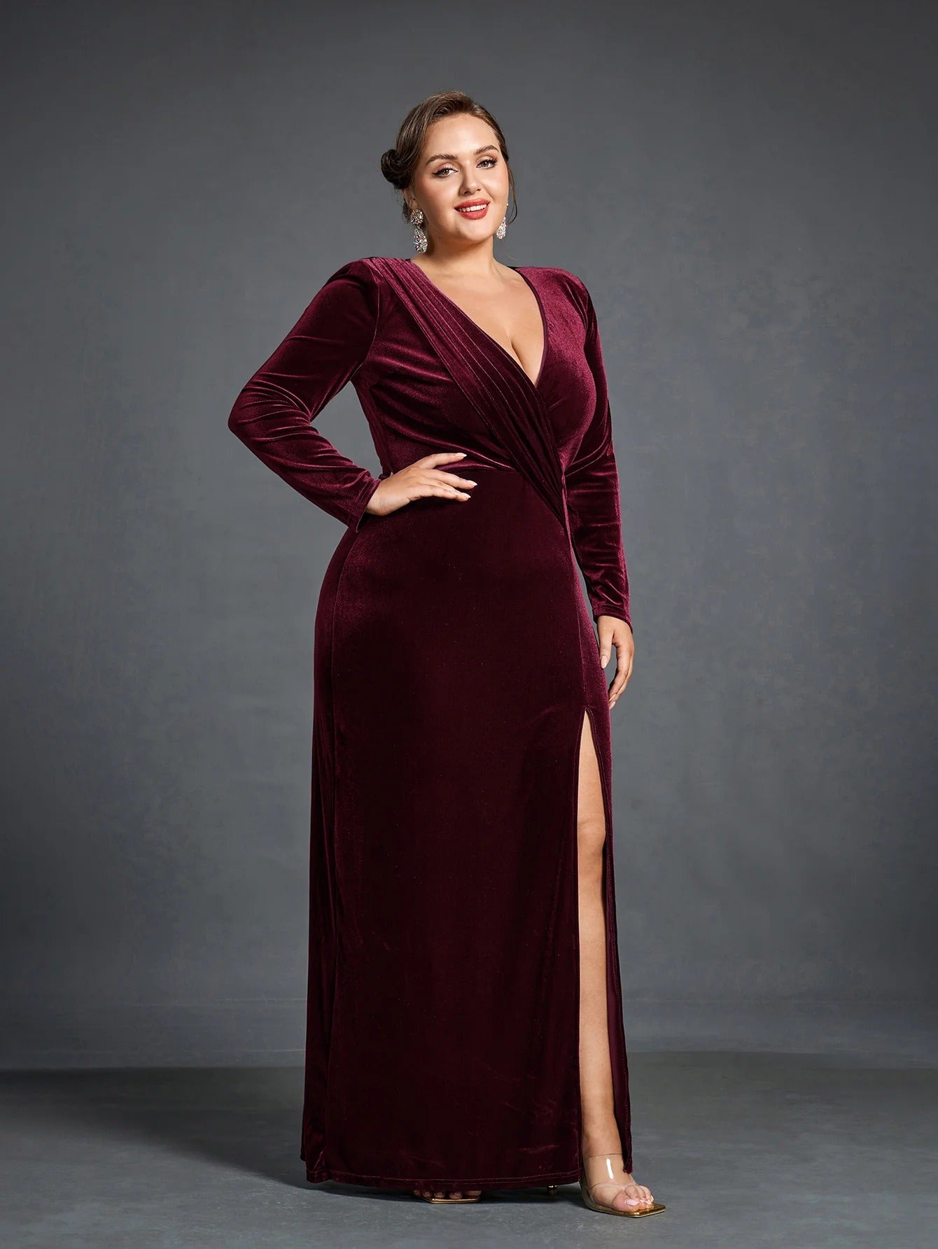Wine Velvet Wrap Gown – Elegant Slit Evening & Party Dress