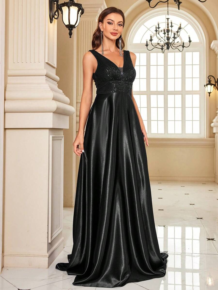 ✨ Luxury Black Sequin V-Neck Evening Gown for Women | Elegant Party & Wedding Maxi Dress