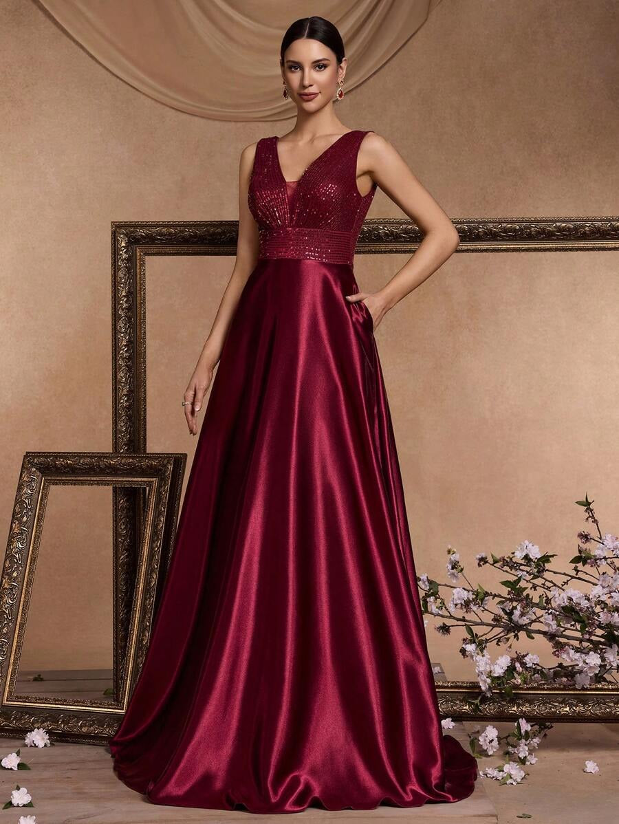 ✨ Luxury Maroon Sequin V-Neck Evening Gown for Women | Elegant Party & Wedding Maxi Dress