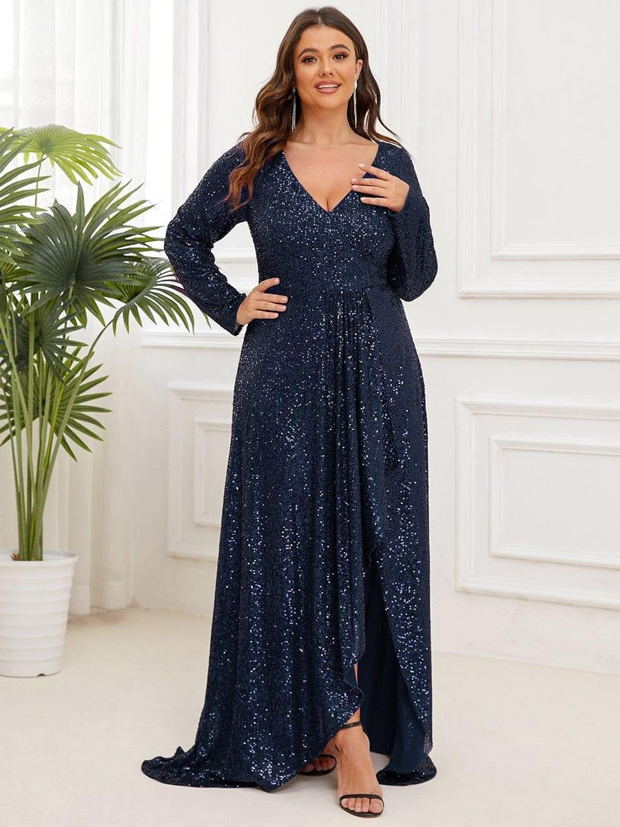 ✨ Luxury Navy Blue Sequin Evening Gown – Full Sleeve Mermaid Fit