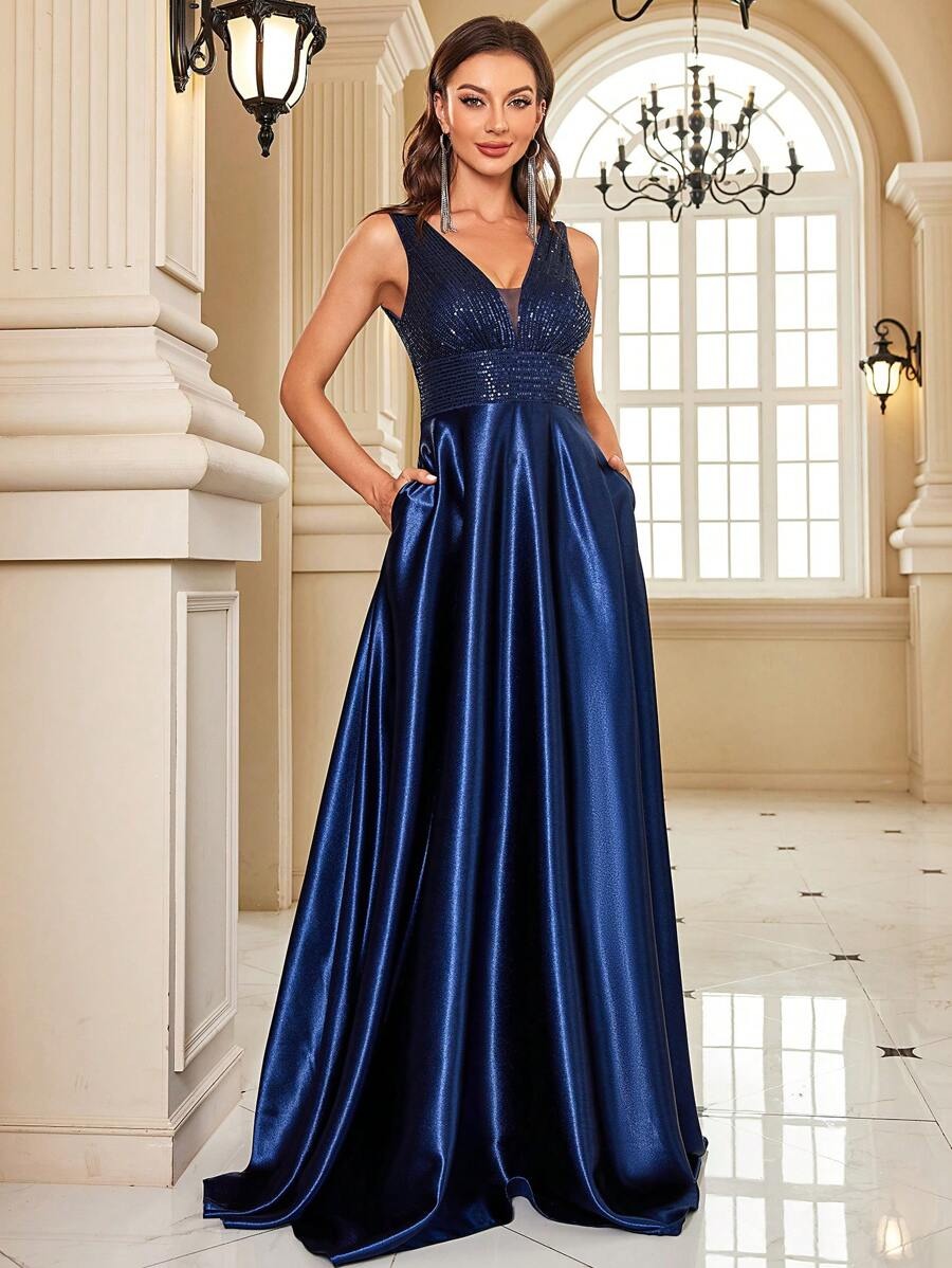 ✨ Luxury Navy Blue Sequin V-Neck Evening Gown for Women | Elegant Party & Wedding Maxi Dress