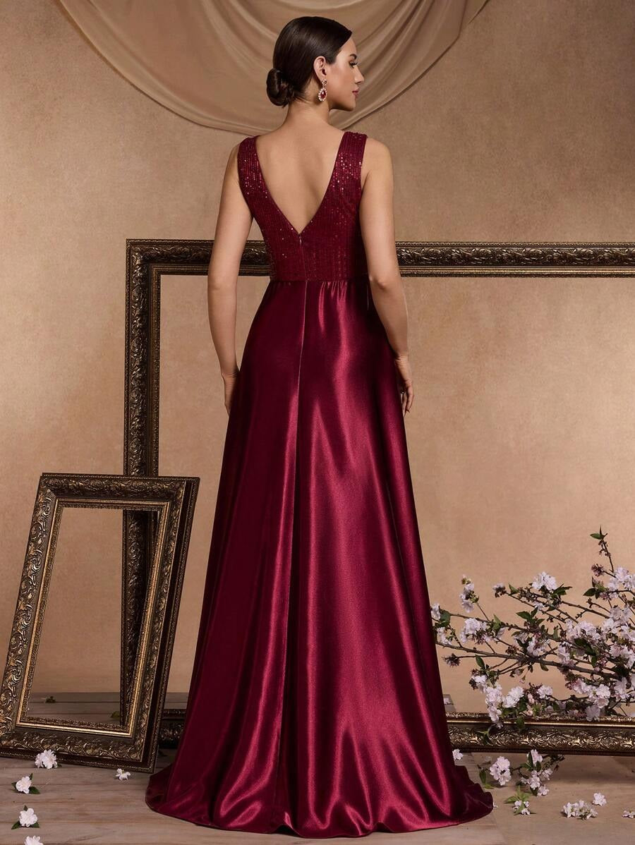 ✨ Luxury Maroon Sequin V-Neck Evening Gown for Women | Elegant Party & Wedding Maxi Dress